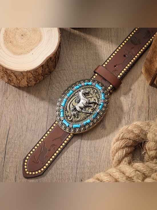 Accessories - Western Horse Oval Buckle Brown Leather Belt with Turquoise Accents